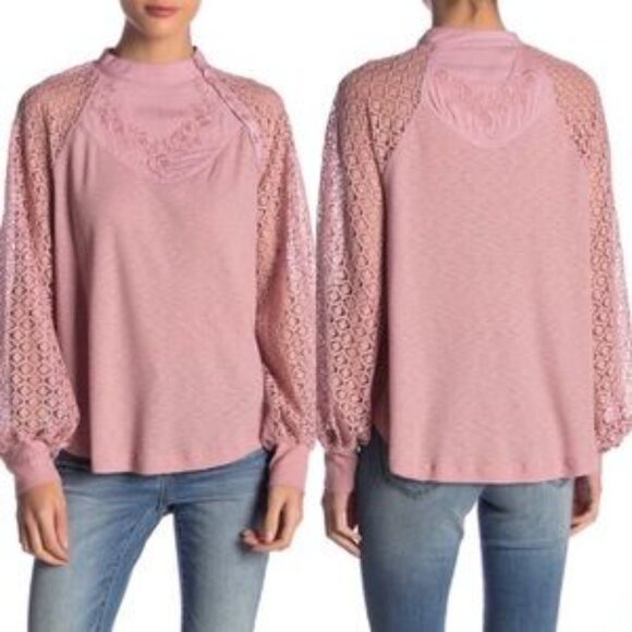 Free People Sweetest Thing Embroidered Thermal Top w/ Lace Sleeves in Blush Pink - Picture 14 of 16